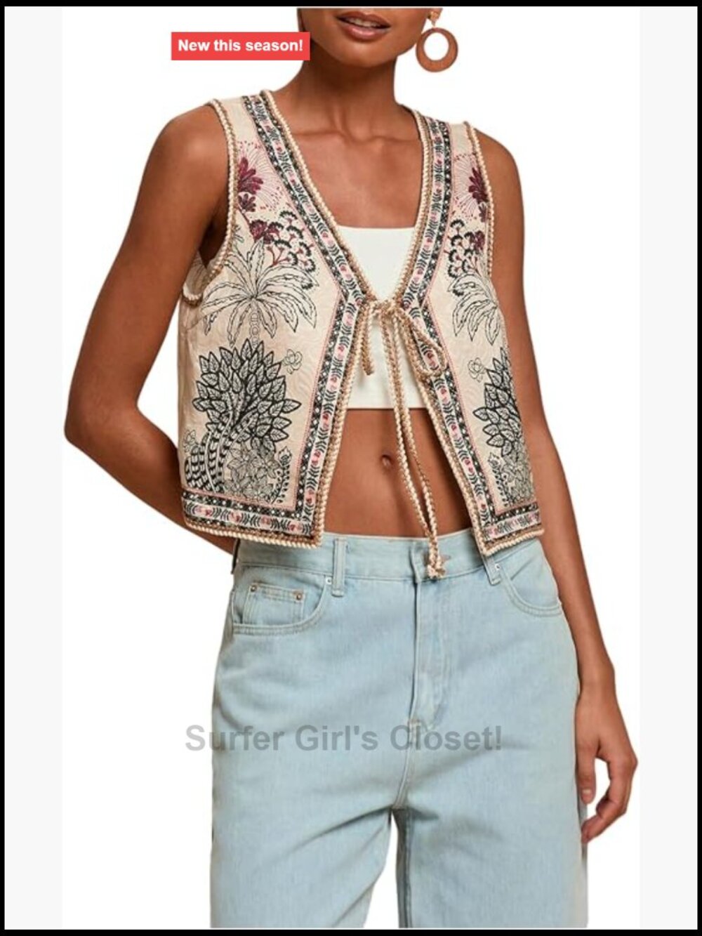 Women's Floral Embroidery Tie Front Vest Sleeveless V Neck Boho Crop Top